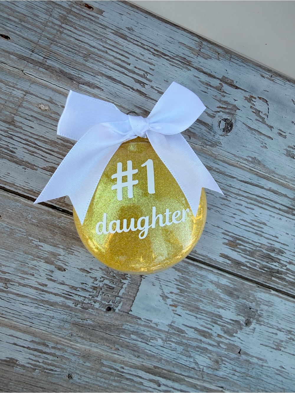 NEW #1 Daughter Yellow Glitter Ornament with White Bow